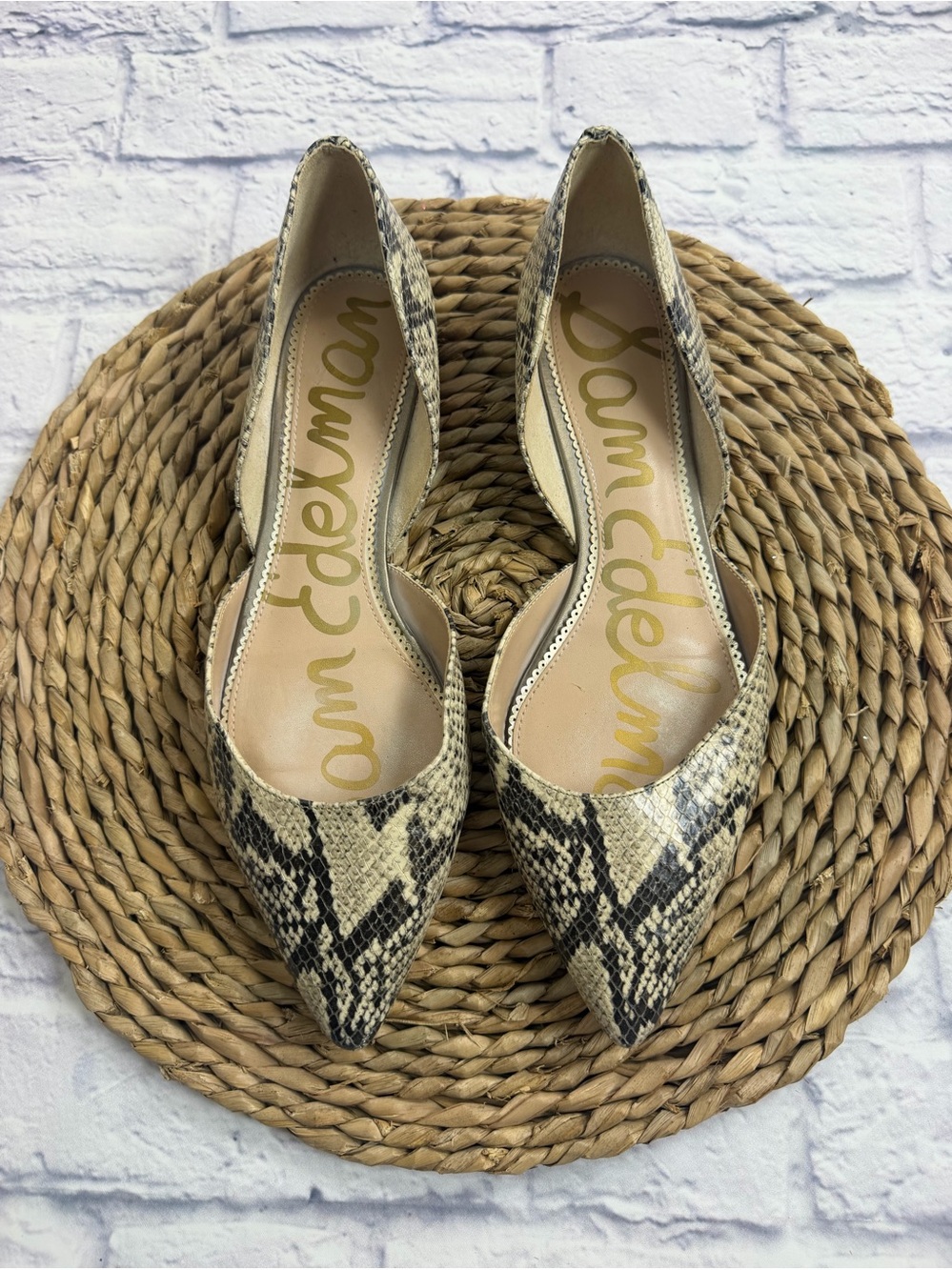 Sam Edelman Snake-Print Pointed Toe Flats in Beige/Black. Size 10.5.